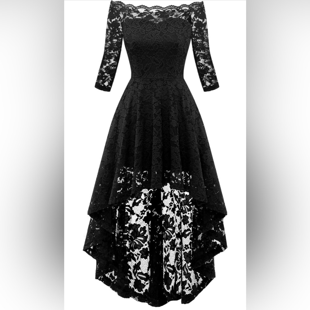 Black Floral Lace High-Low Dress Size XL 3/4 Sleeves Off Shoulder